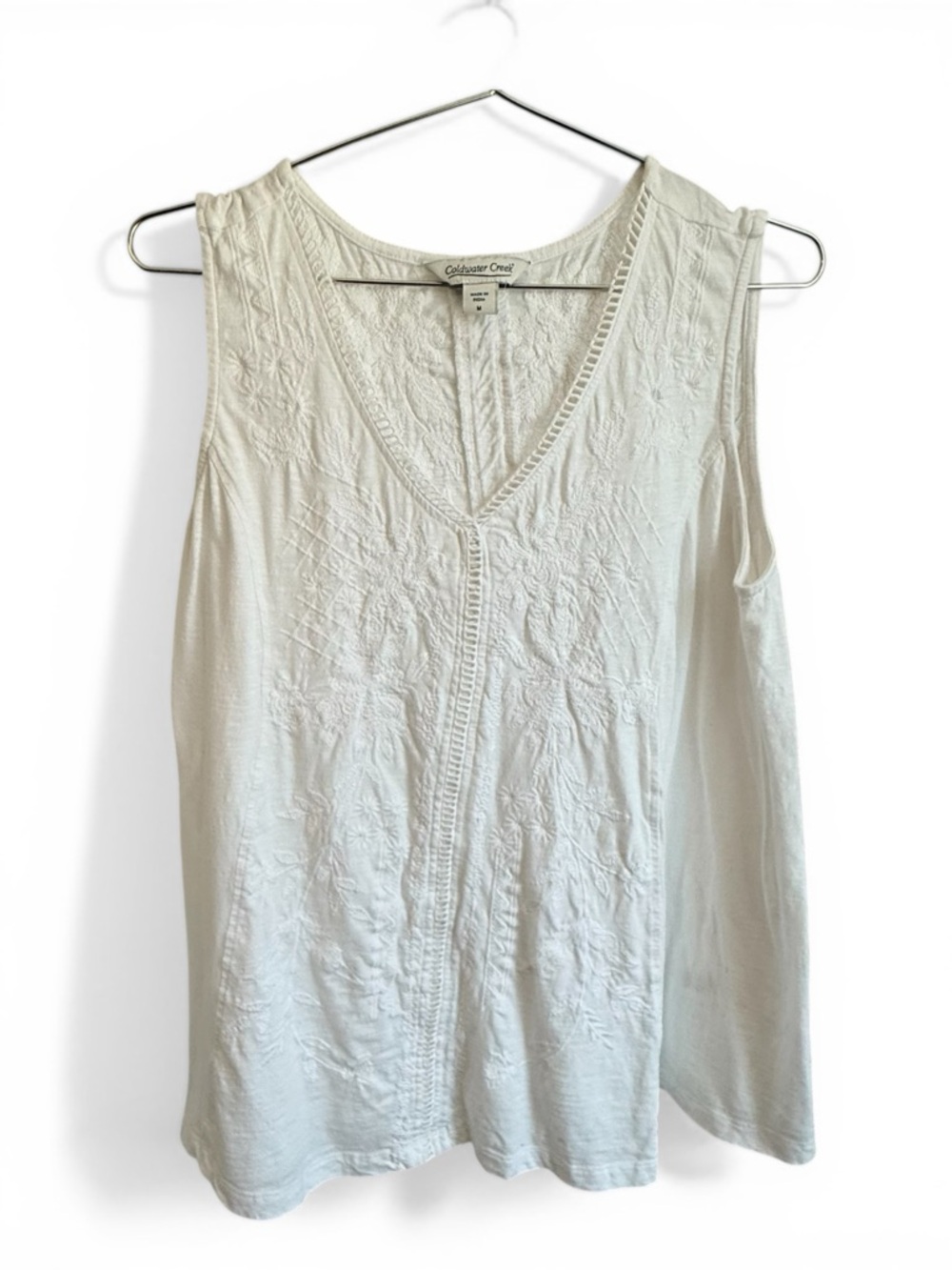 Coldwater Creek White Embroidered Cotton Tank Top V-Neck A-Line Medium - Picture 2 of 7
